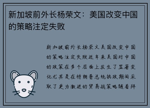 新加坡前外长杨荣文：美国改变中国的策略注定失败