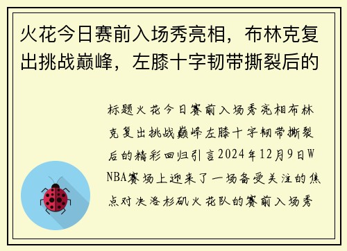 火花今日赛前入场秀亮相，布林克复出挑战巅峰，左膝十字韧带撕裂后的精彩回归
