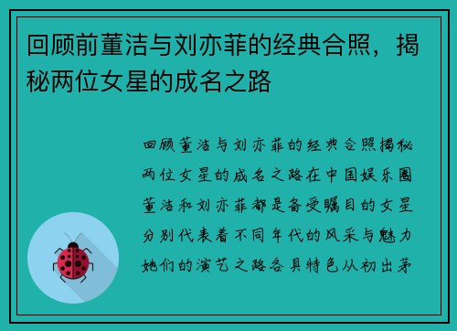 回顾前董洁与刘亦菲的经典合照，揭秘两位女星的成名之路