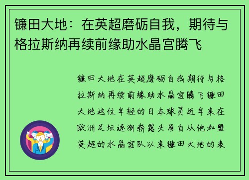 镰田大地：在英超磨砺自我，期待与格拉斯纳再续前缘助水晶宫腾飞