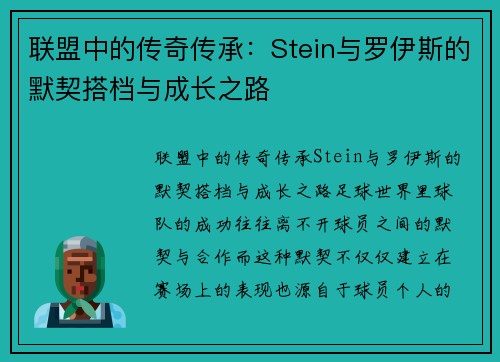 联盟中的传奇传承：Stein与罗伊斯的默契搭档与成长之路